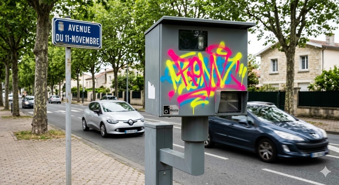radar vandalisé tag Blanquefort, radar automatique avenue 11-novembre, dégradation radar peinture Gironde, radar aveuglé bombe peinture, sécurité routière agglomération bordelaise, sanction pénale vandalisme équipement, nettoyage vitre radar automatique, amende destruction bien public, gendarmerie enquête dégradation radar, prévention routière Blanquefort vitesse, excès de vitesse radar aveugle, réparation radar automatique tagué, condamnation tribunal correctionnel vandalisme, coût réparation radar état, infraction code route gironde, radar fixe hors service, protéger usagers route vitesse, sécurité conducteurs avenue Blanquefort, colère automobilistes amende radar, équipement contrôle routier vandalisé.