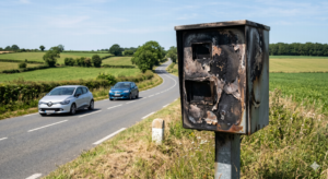 le radar vandalisé par le feu à Mesnil-Clinchamps, l'appareil automatique hors service sur la route de Saint-Sever, la destruction du matériel de la sécurité routière dans le Calvados, l'amende pour l'excès de la vitesse en Normandie, le retrait des points sur le permis de conduire du conducteur, l'enquête de la gendarmerie nationale pour l'incendie, la prévention des accidents de la circulation routière, le coût du remplacement de la cabine de la voirie, la contravention électronique de l'ANTAI, la carcasse calcinée sur le bord de la chaussée.